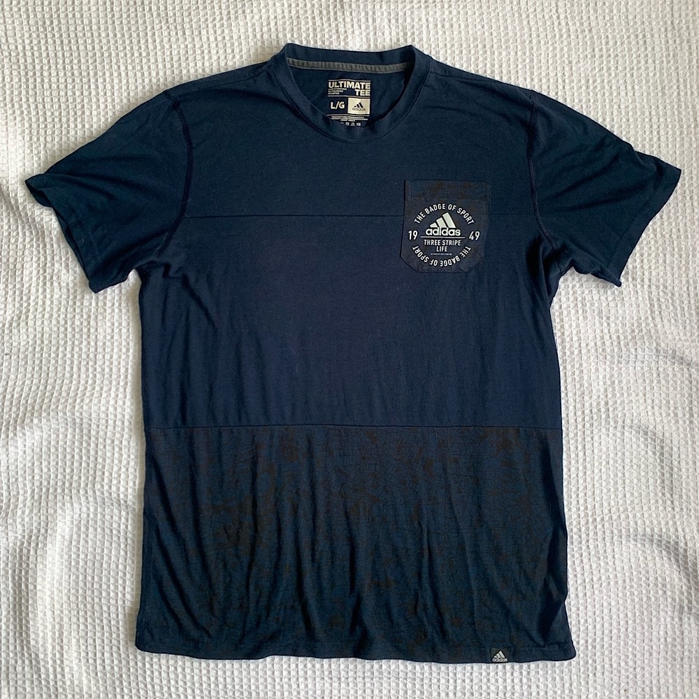 Adidas Men's Navy Blue Black Badge Of Sport Front Pocket T-Shirt - Size Large